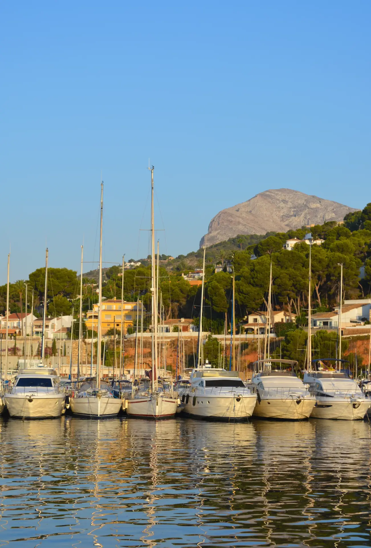 Sailboats and motor yachts moored in a calm marina with reflections in the water, under a clear blue sky with a coastal town and mountain (possibly Montgó) in the background.